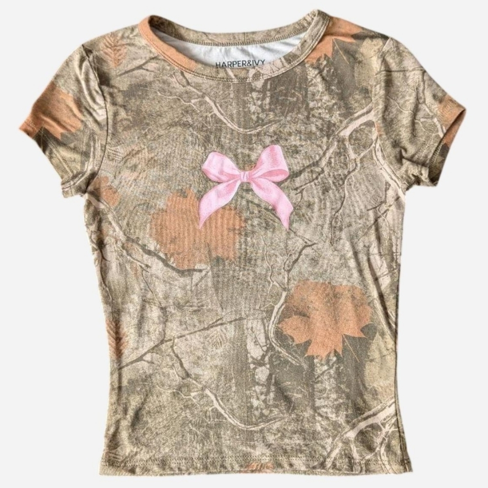 Coquette Hunting Camo Core Pink Bow Accent Country Bimbo Baby Tee Crop Top XS image 2